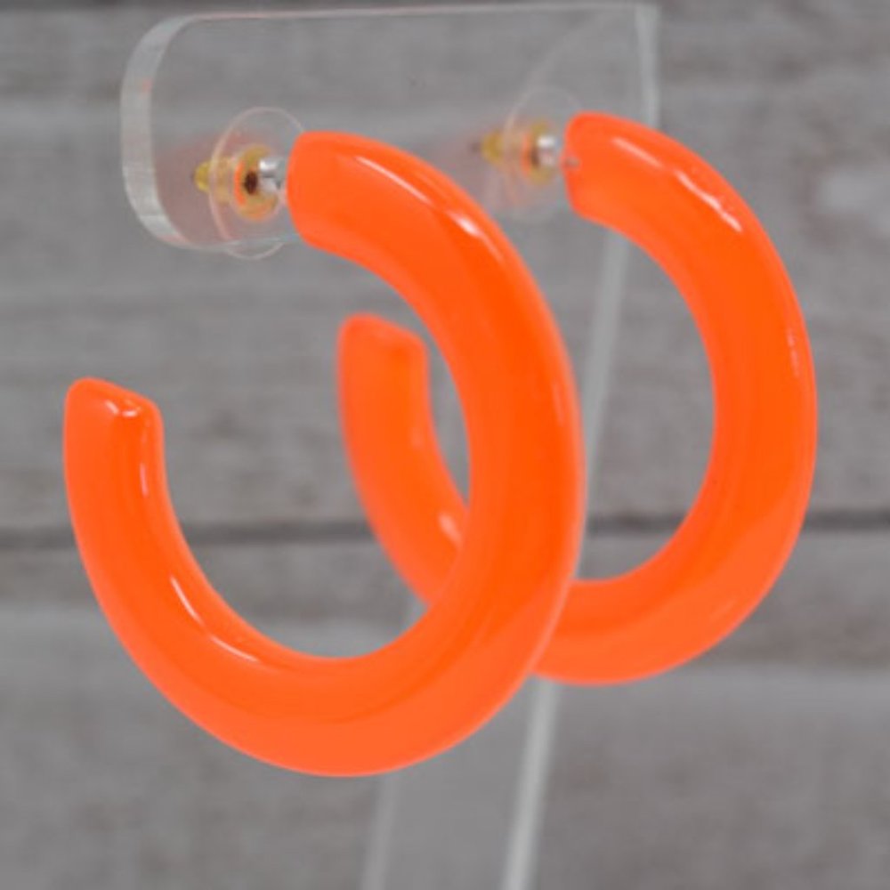 1.75" Retro Translucent Neon Orange Hoop Earrings - Picture 1 of 12